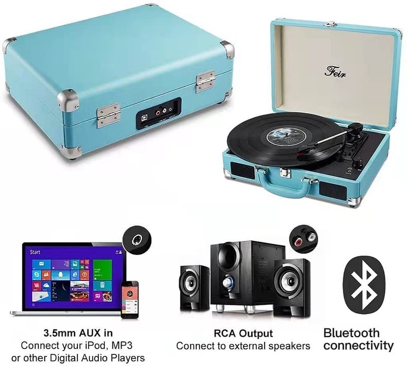 Feir Vinyl Stereo Blue Record Player 3 Speed Portable Turntable Suitcase Built in 2 Speakers RCA Line Out AUX Headphone Jack PC Recorder - Image 5